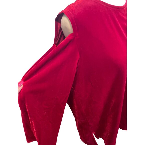 Caroline Rose Red Velvet Cold Shoulder Top MP Loose Fit Made USA Elegant Design - Picture 4 of 12
